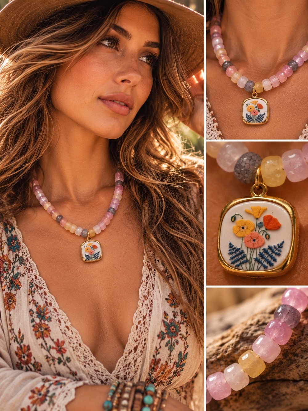 Floral Ceramic Pendant Beaded Necklace - Pink & Yellow